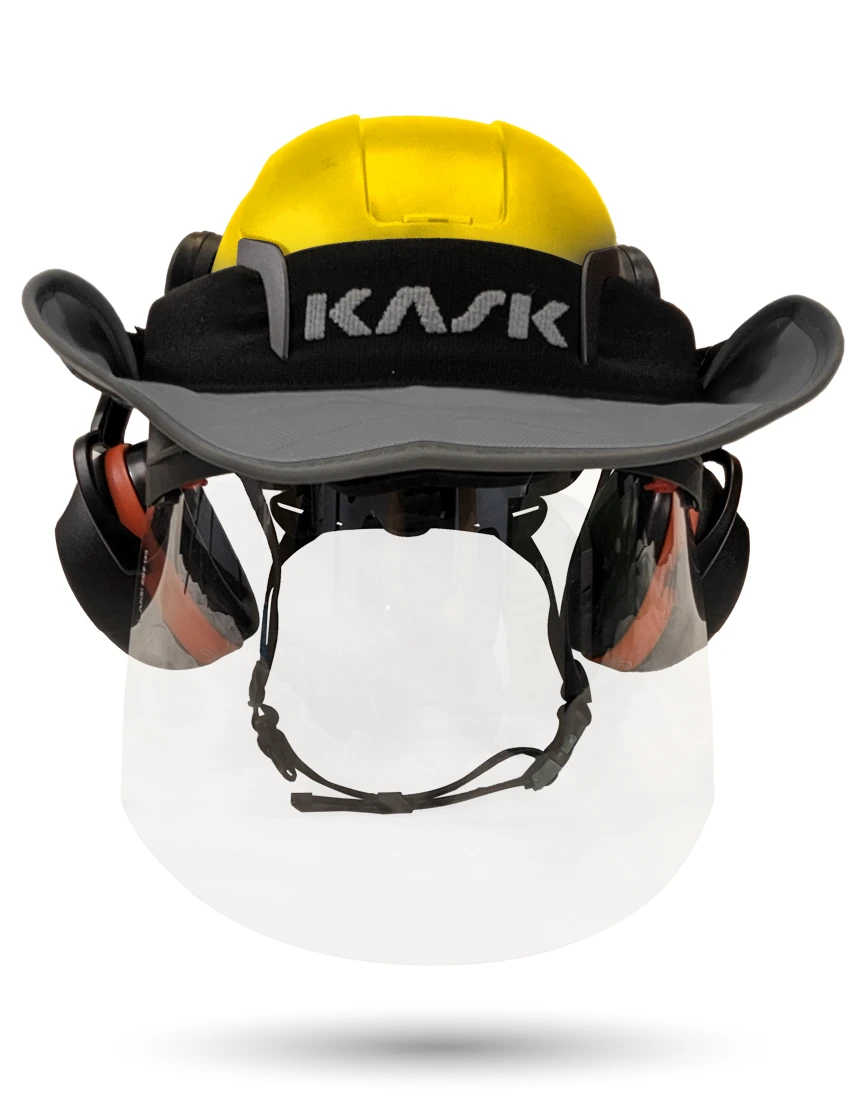 Yellow Kask Zenith X2 ANSI Safety Helmet with Full-Face Shield \u0026 Brim Kit (Clear) \u0026 Orange Ear Muffs (High Noise Reduction - 29-31 dB) \u0026 360-degree Sun Shield (Anthracite Gray)