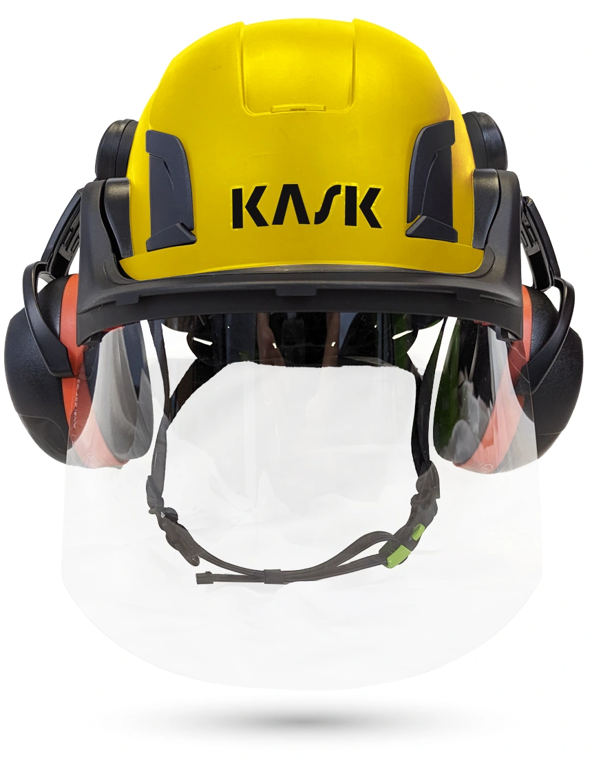 Yellow Kask Zenith X2 ANSI Safety Helmet with Full-Face Shield \u0026 Brim Kit (Clear) \u0026 Orange Ear Muffs (High Noise Reduction - 29-31 dB)