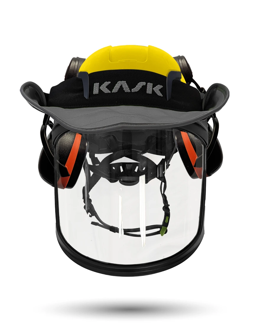 Yellow Kask Zenith X2 ANSI Safety Helmet with Full-Face Visor Kit (Clear) \u0026 Orange Ear Muffs (High Noise Reduction - 29-31 dB) \u0026 360-degree Sun Shield (Anthracite Gray)