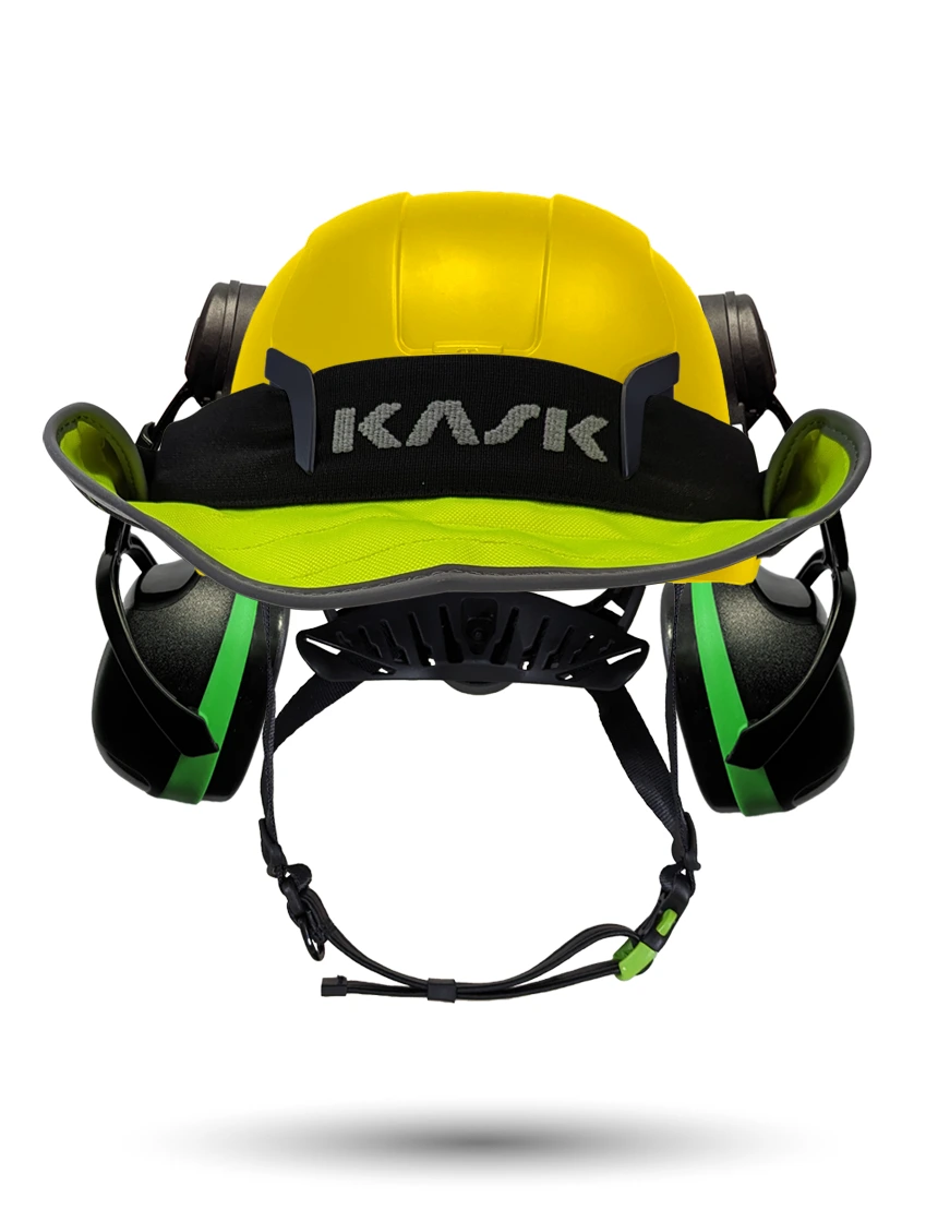 Yellow Kask Zenith X2 ANSI Safety Helmet with Green Ear Muffs (Low to Medium Noise Reduction - 23-25 dB) \u0026 360-degree Sun Shield (Yellow Fluorescent)