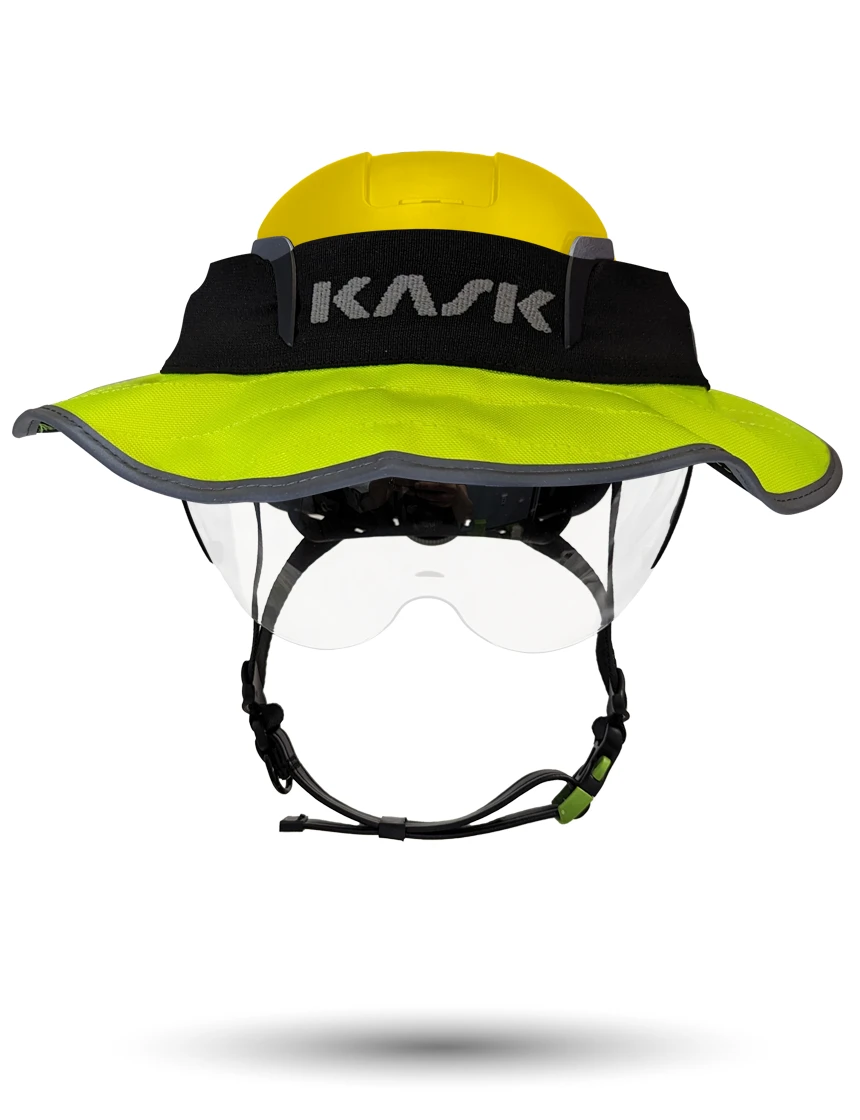 Yellow Kask Zenith X2 ANSI Class E Safety Helmet w/ Half-Face Visor Kit (Clear) \u0026 360-Degree Sun Shield (Yellow Fluorescent)