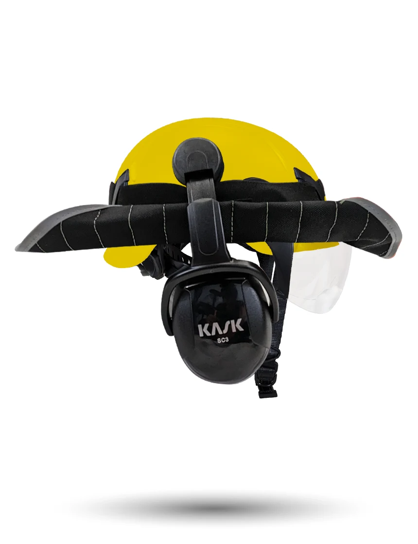 Yellow Kask Zenith X2 ANSI Safety Helmet with Half-Face Visor Kit (Clear) \u0026 Orange Ear Muffs (High Noise Reduction - 29-31 dB) \u0026 360-degree Sun Shield (Anthracite Gray)