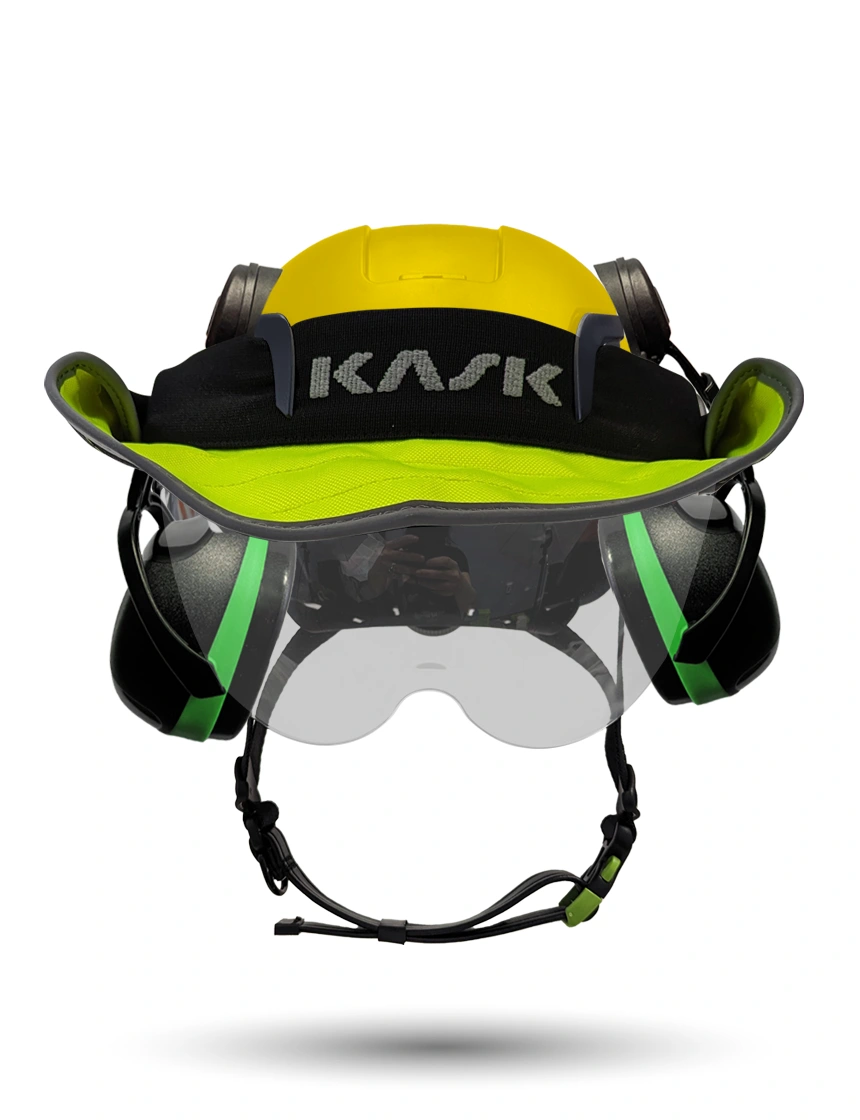 Yellow Kask Zenith X2 ANSI Safety Helmet with Half-Face Visor Kit (Silver Mirror) \u0026 Orange Ear Muffs (High Noise Reduction - 29-31 dB) \u0026 360-degree Sun Shield (Yellow Fluorescent)
