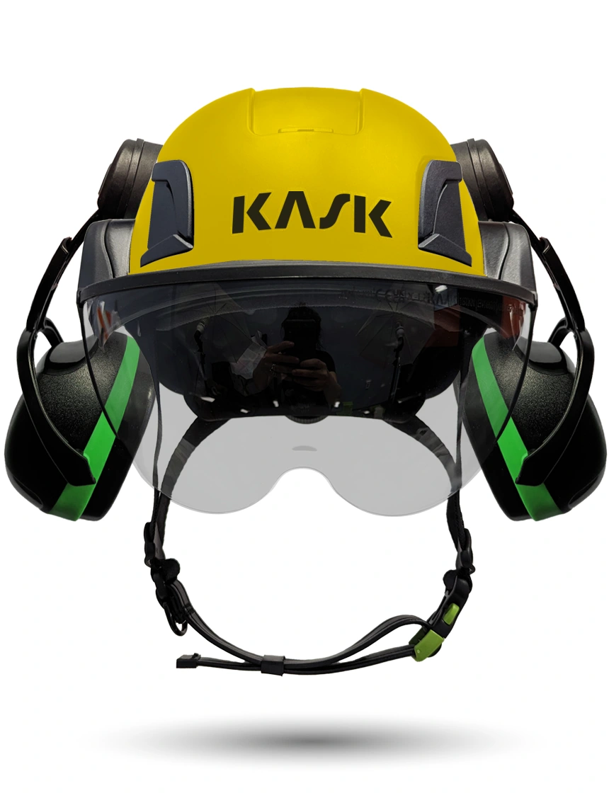Yellow Kask Zenith X2 ANSI Safety Helmet with Half-Face Visor Kit (Silver Mirror) \u0026 Green Ear Muffs (Low to Medium Noise Reduction - 23-25 dB)