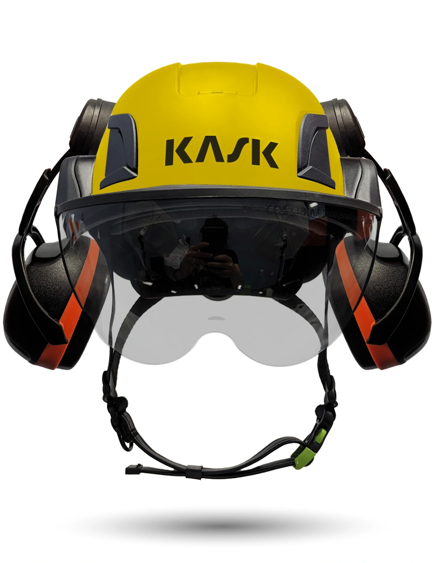 Yellow Kask Zenith X2 ANSI Safety Helmet with Half-Face Visor Kit (Silver Mirror) \u0026 Orange Ear Muffs (High Noise Reduction - 29-31 dB)