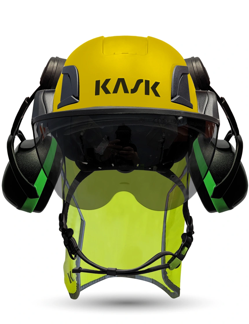 Yellow Kask Zenith X2 ANSI Safety Helmet with Half-Face Visor Kit (Smoke) \u0026 Green Ear Muffs (Low to Medium Noise Reduction - 23-25 dB) \u0026 10\" Neck Protector (Yellow Fluorescent)