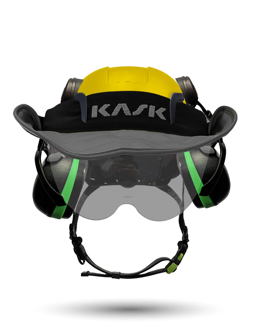 Yellow Kask Zenith X2 ANSI Safety Helmet with Half-Face Visor Kit (Smoke) \u0026 Orange Ear Muffs (High Noise Reduction - 29-31 dB) \u0026 360-degree Sun Shield (Anthracite Gray)