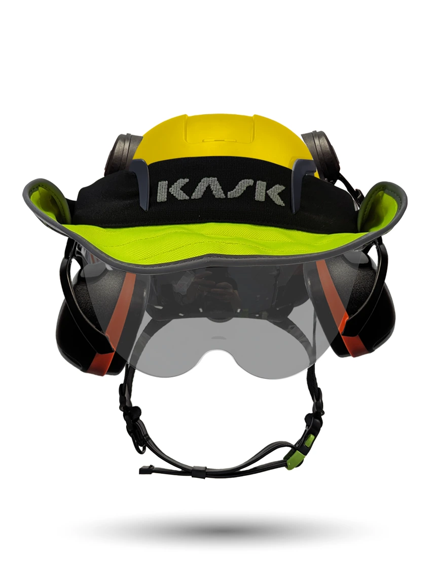 Yellow Kask Zenith X2 ANSI Safety Helmet with Half-Face Visor Kit (Smoke) \u0026 Orange Ear Muffs (High Noise Reduction - 29-31 dB) \u0026 360-degree Sun Shield (Yellow Fluorescent)