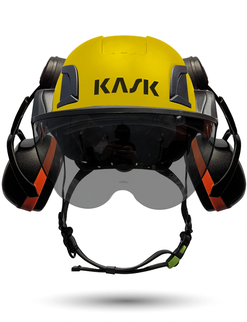 Yellow Kask Zenith X2 ANSI Safety Helmet with Half-Face Visor Kit (Smoke) \u0026 Orange Ear Muffs (High Noise Reduction - 29-31 dB)