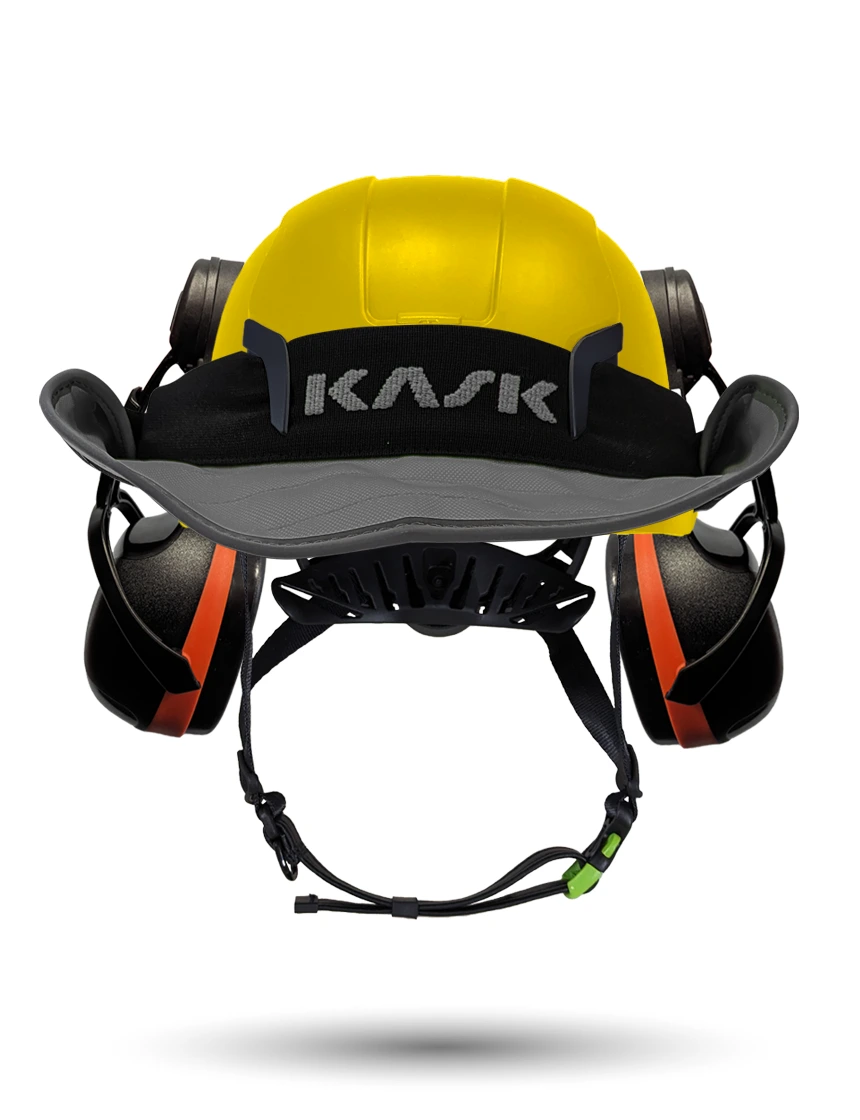 Yellow Kask Zenith X2 ANSI Safety Helmet with Orange Ear Muffs (High Noise Reduction - 29-31 dB) \u0026 360-degree Sun Shield (Anthracite Gray)