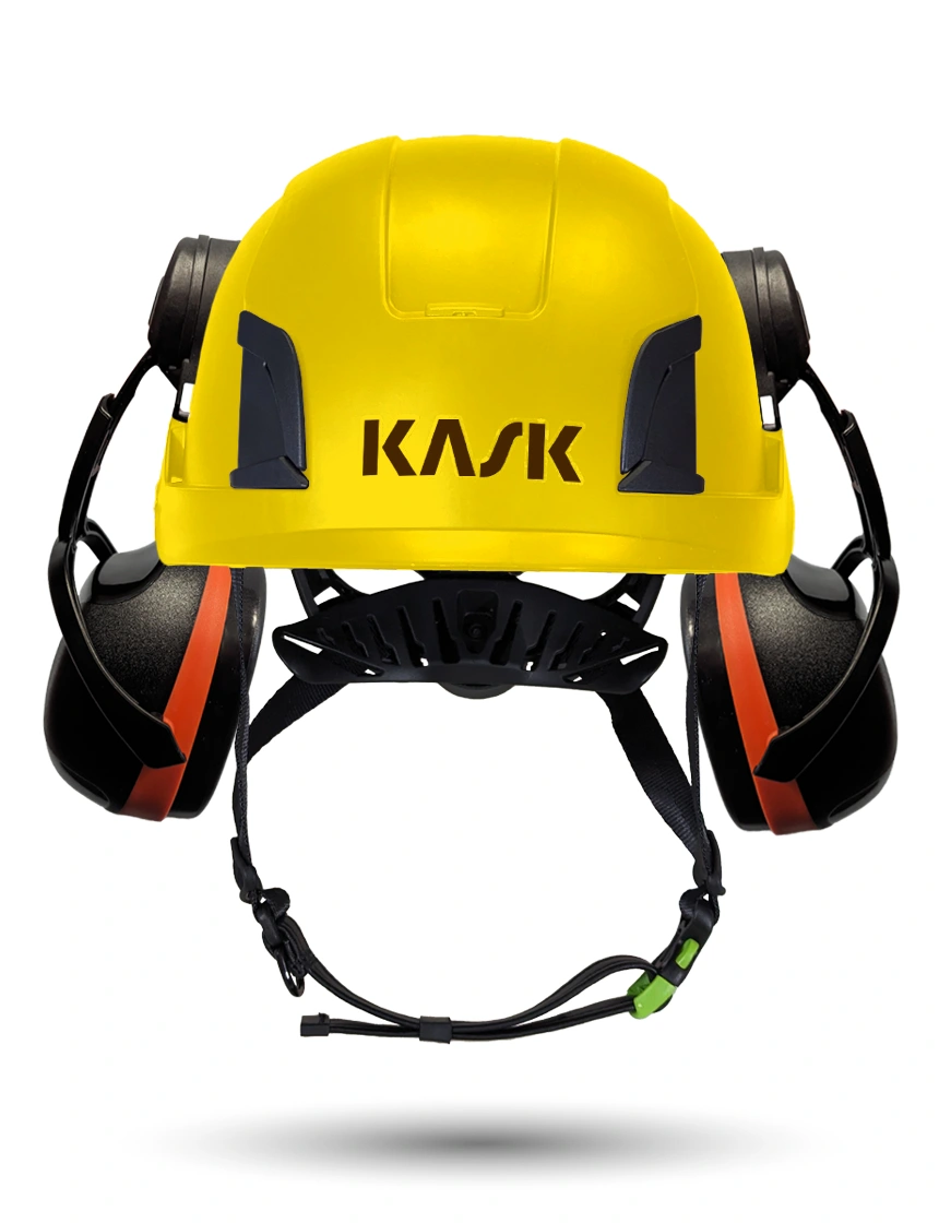 Yellow Kask Zenith X2 ANSI Class E Safety Helmet w/ Orange Ear Muffs (High Noise Reduction - 29-31 Db)