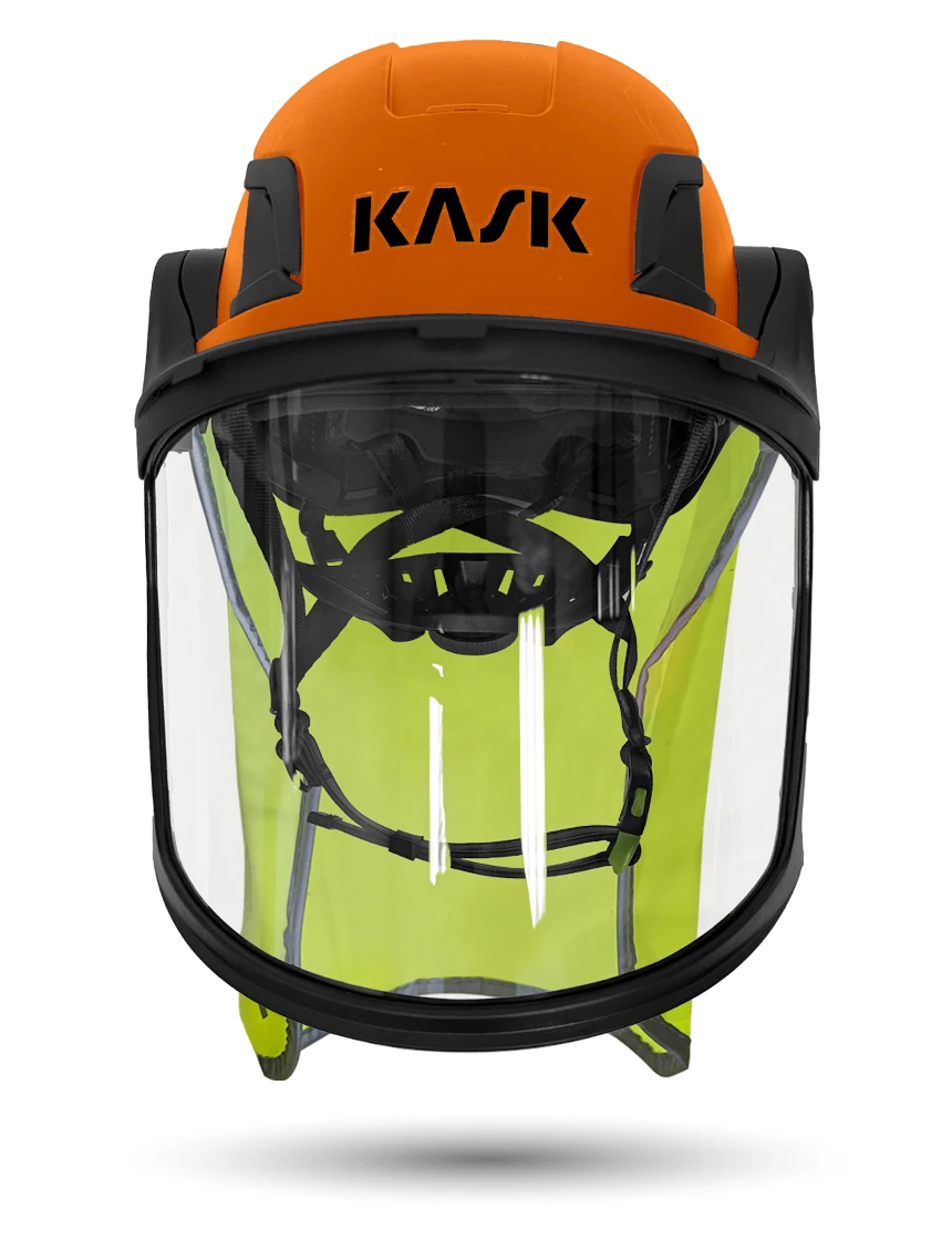 Orange Kask Zenith X2 ANSI Class E Safety Helmet w/ Full-Face Visor Kit (Clear) \u0026 10\" Neck Protector (Yellow Fluorescent)