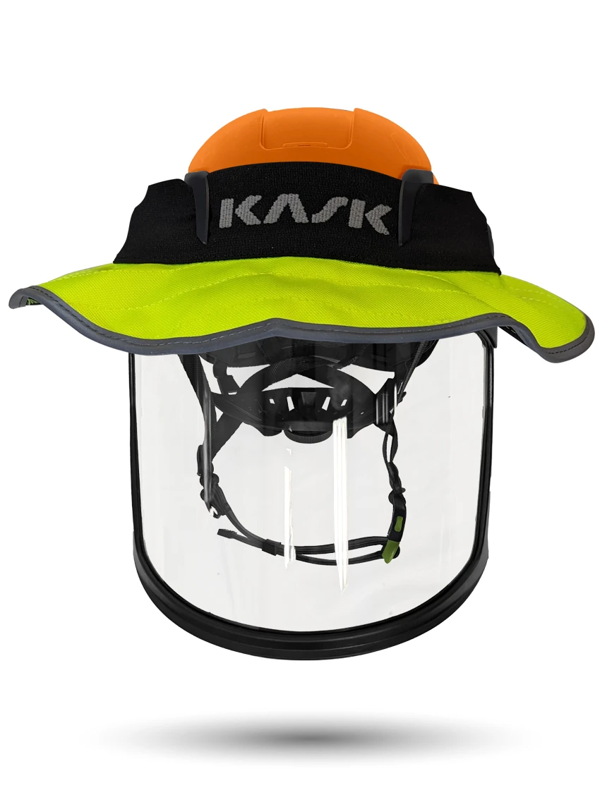 Orange Kask Zenith X2 ANSI Class E Safety Helmet w/ Full-Face Visor Kit (Clear) \u0026 360-Degree Sun Shield (Yellow Fluorescent)