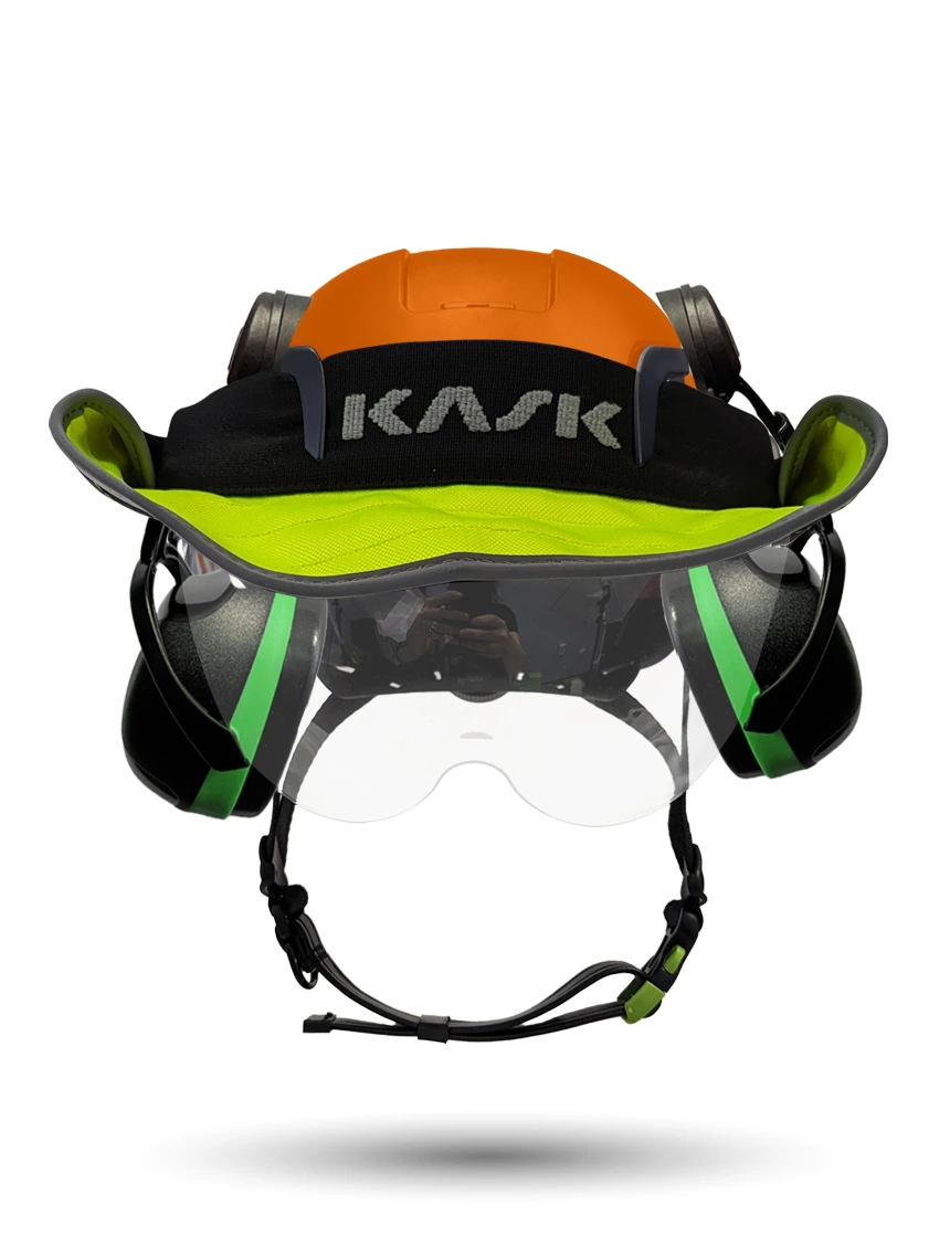 Orange Kask Zenith X2 ANSI Class E Safety Helmet w/ Half-Face Visor Kit (Clear) \u0026 Green Ear Muffs (Low To Medium Noise Reduction - 23-25 Db) \u0026 360-Degree Sun Shield (Yellow Fluorescent)