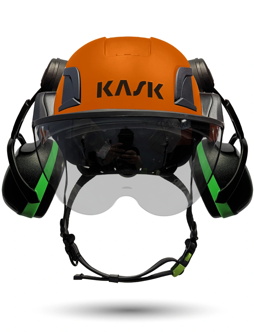 Orange Kask Zenith X2 ANSI Class E Safety Helmet w/ Half-Face Visor Kit (Silver Mirror) \u0026 Green Ear Muffs (Low To Medium Noise Reduction - 23-25 Db)