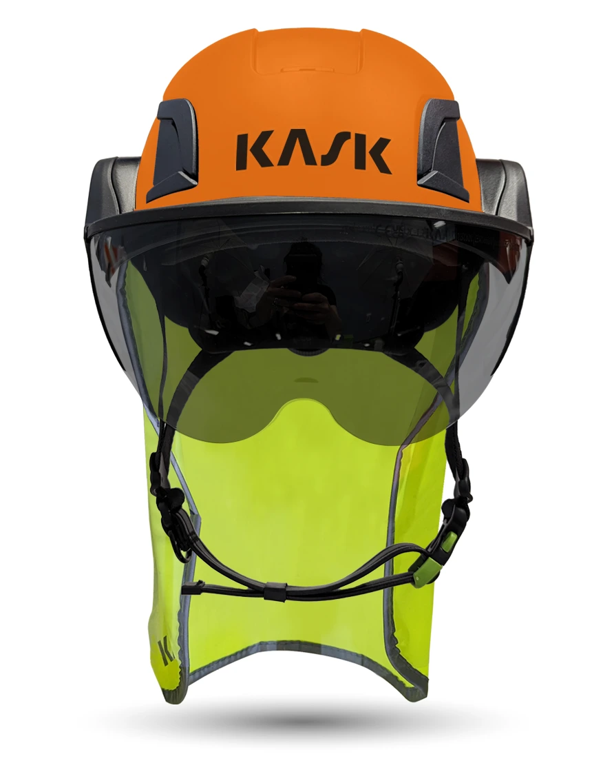 Orange Kask Zenith X2 ANSI Class E Safety Helmet w/ Half Face Visor Kit (Smoke) \u0026 10\" Neck Protector (Yellow Fluorescent)