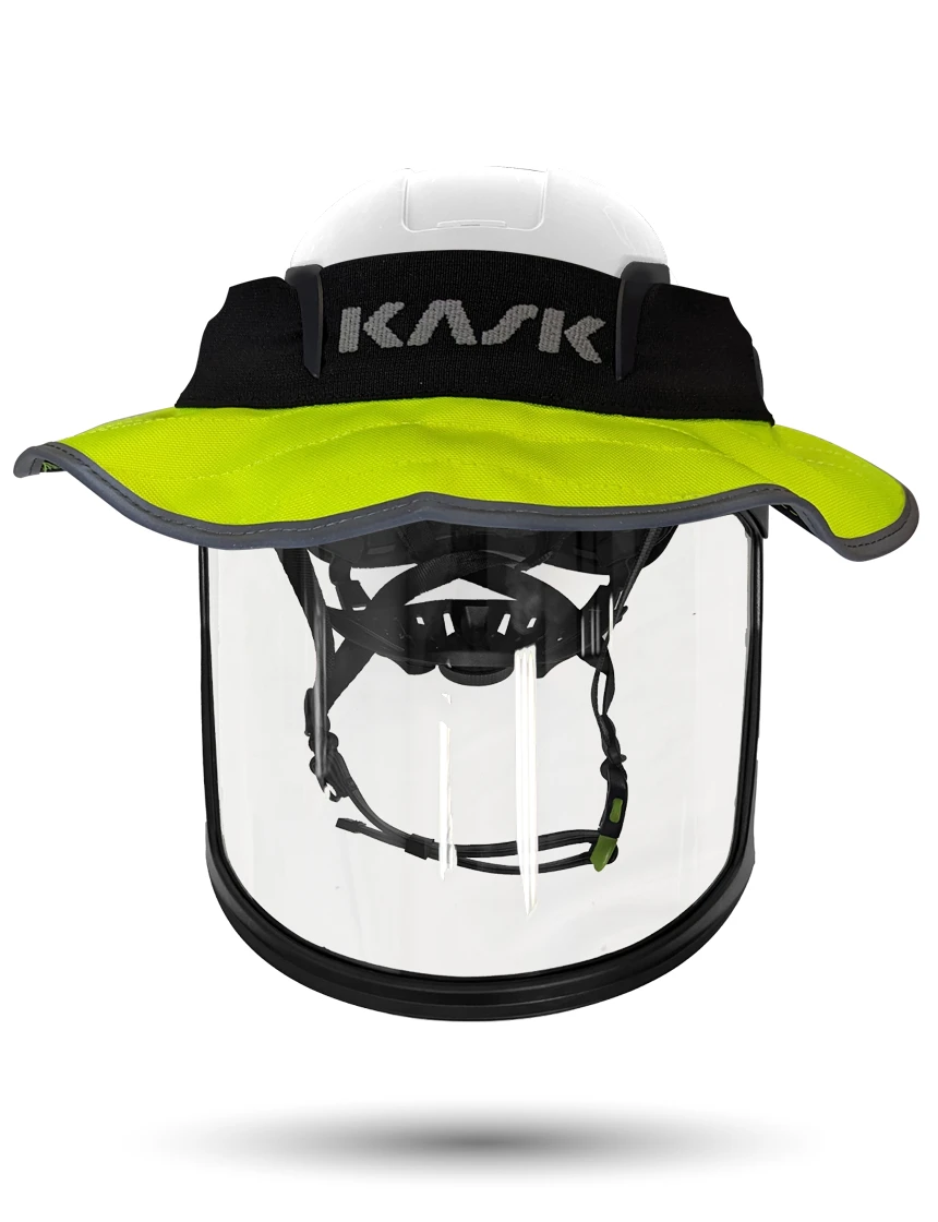 White Kask Zenith X2 ANSI Class E Safety Helmet w/ Full-Face Visor Kit (Clear) \u0026 360-Degree Sun Shield (Yellow Fluorescent)