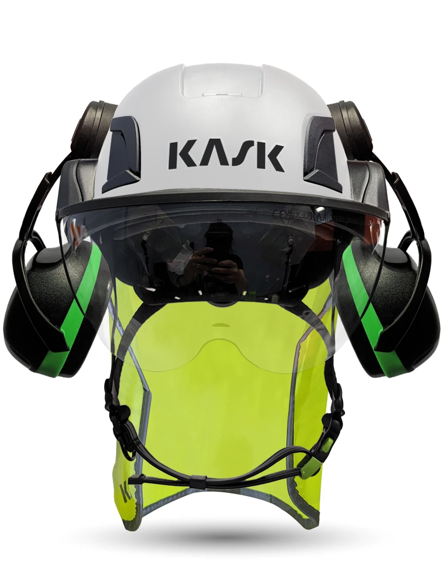 White Kask Zenith X2 ANSI Class E Safety Helmet w/ Half-Face Visor Kit (Clear) \u0026 Green Ear Muffs (Low To Medium Noise Reduction - 23-25 Db) \u0026 10\" Neck Protector (Yellow Fluorescent)