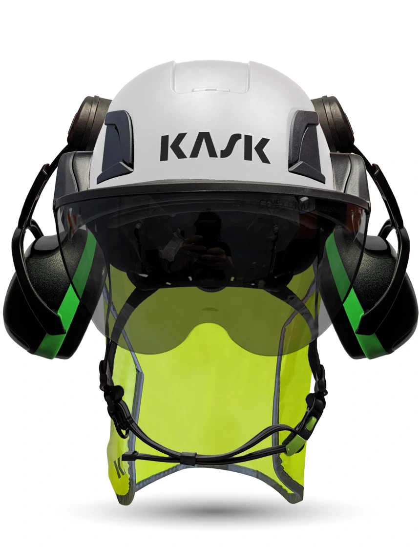White Kask Zenith X2 ANSI Class E Safety Helmet w/ Half-Face Visor Kit (Smoke) \u0026 Green Ear Muffs (Low To Medium Noise Reduction - 23-25 Db) \u0026 10\" Neck Protector (Yellow Fluorescent)