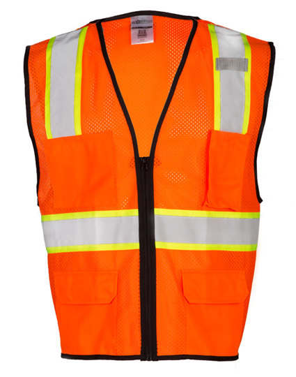 L-XL, Orange, Four (4) Pocket, Contrasting Mesh Class 2 Vest