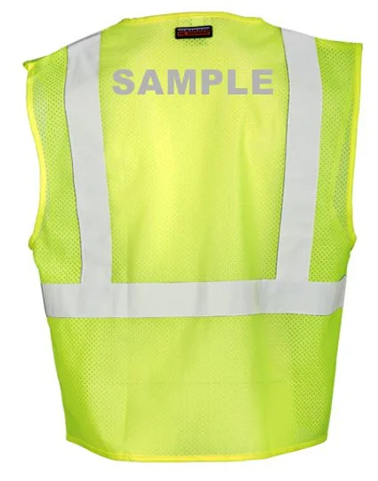 Lime, Class 2, Three Pocket, Zipper, Mesh Vest, 4XL with Custom Reflective Lettering