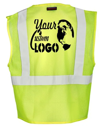 Lime, Class 2, Three Pocket, Zipper, Mesh Vest, Medium w/ Single Color Graphic