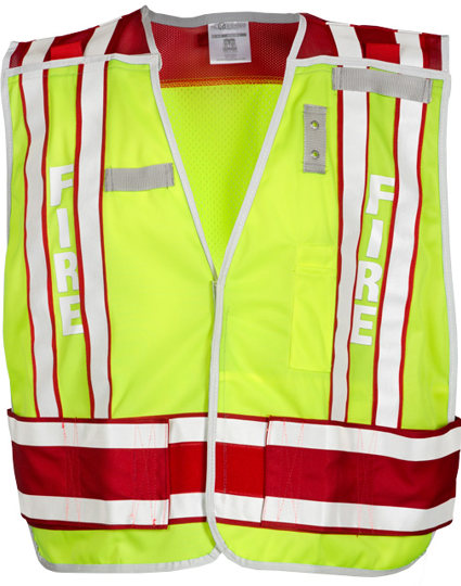 Lime \u0026 Red, 4-Point \"Breakaway\" Public Safety Vest w/FIRE in reflective letters on back, M-XL