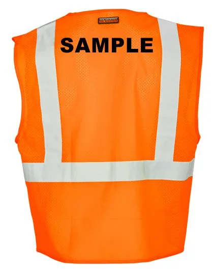 Orange, Class 2, Three Pocket, Zipper, Mesh Vest, LARGE with Custom Black Lettering