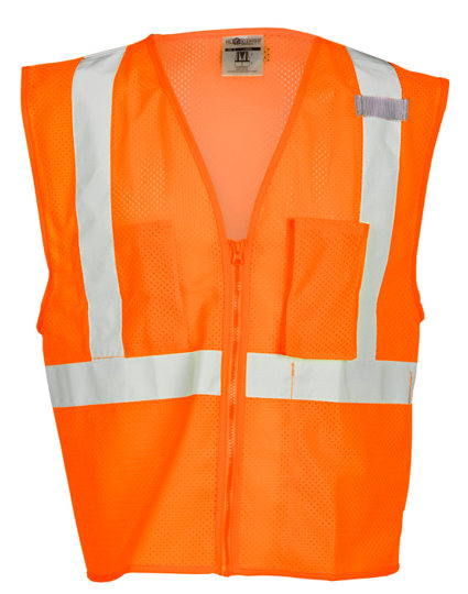 Orange, Class 2, Three Pocket, Zipper, Mesh Vest, MEDIUM