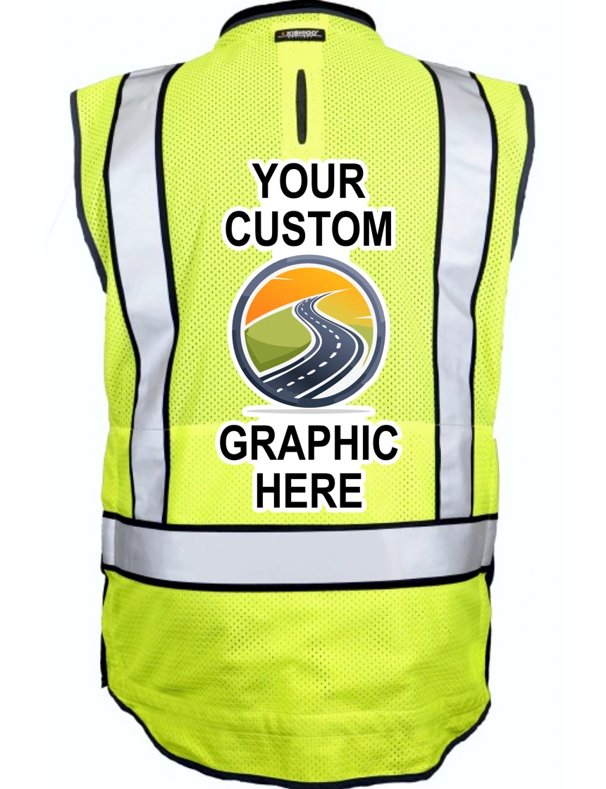 Kishigo Lime and Black, Premium Black Series Tool Tethering Vest, Class 2, with Custom Full Color Graphic, Large