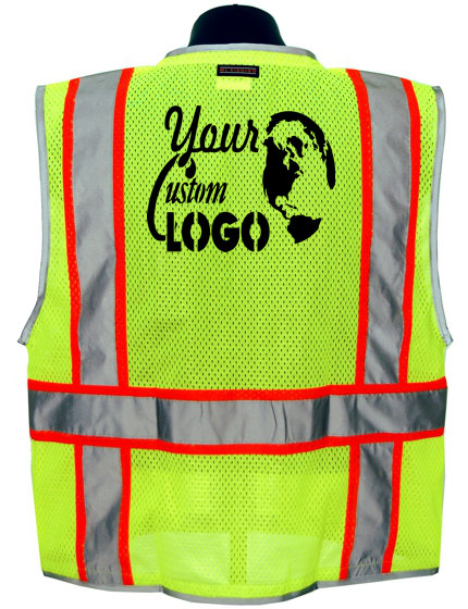Premium BRILLIANT, Ultra-Cool Lime Mesh, Class 2 Surveyors Vest, LARGE with Full Color Graphic