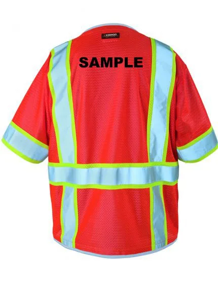 Premium BRILLIANT, Ultra-Cool Red Mesh, Class 3 Surveyors Vest, LARGE w/ Black Custom Lettering