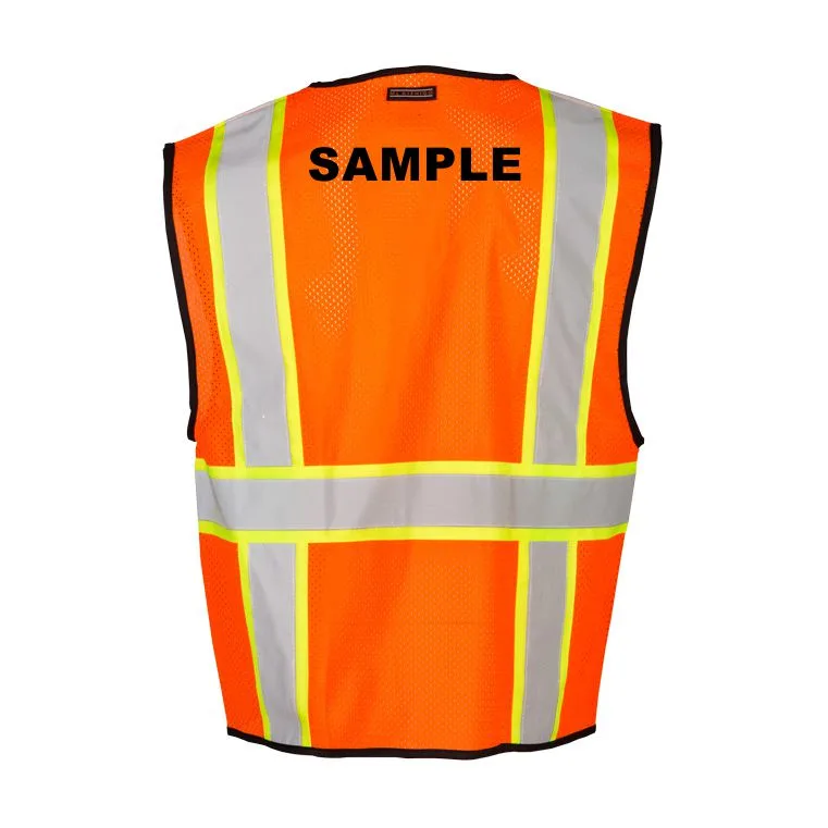 S-M, Orange, Four (4) Pocket, Contrasting Mesh Class 2 Vest w/ Black Custom Lettering