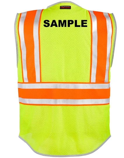 Lime, \u0027Ultimate\u0027 Reflective Class 2, Ultra-Cool Mesh, Black Bottom, Large w/ Black Custom Lettering