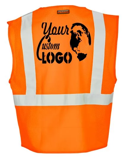 Orange, Class 2, Three Pocket, Zipper, Mesh Vest, LARGE with Full Color Graphic