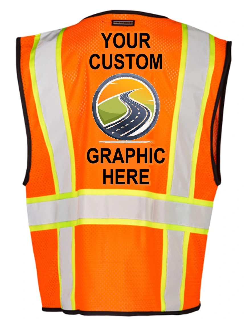 Orange, Class 2, Single Pocket, Contrasting Mesh Vest, Size: S-M with Full Color Graphic