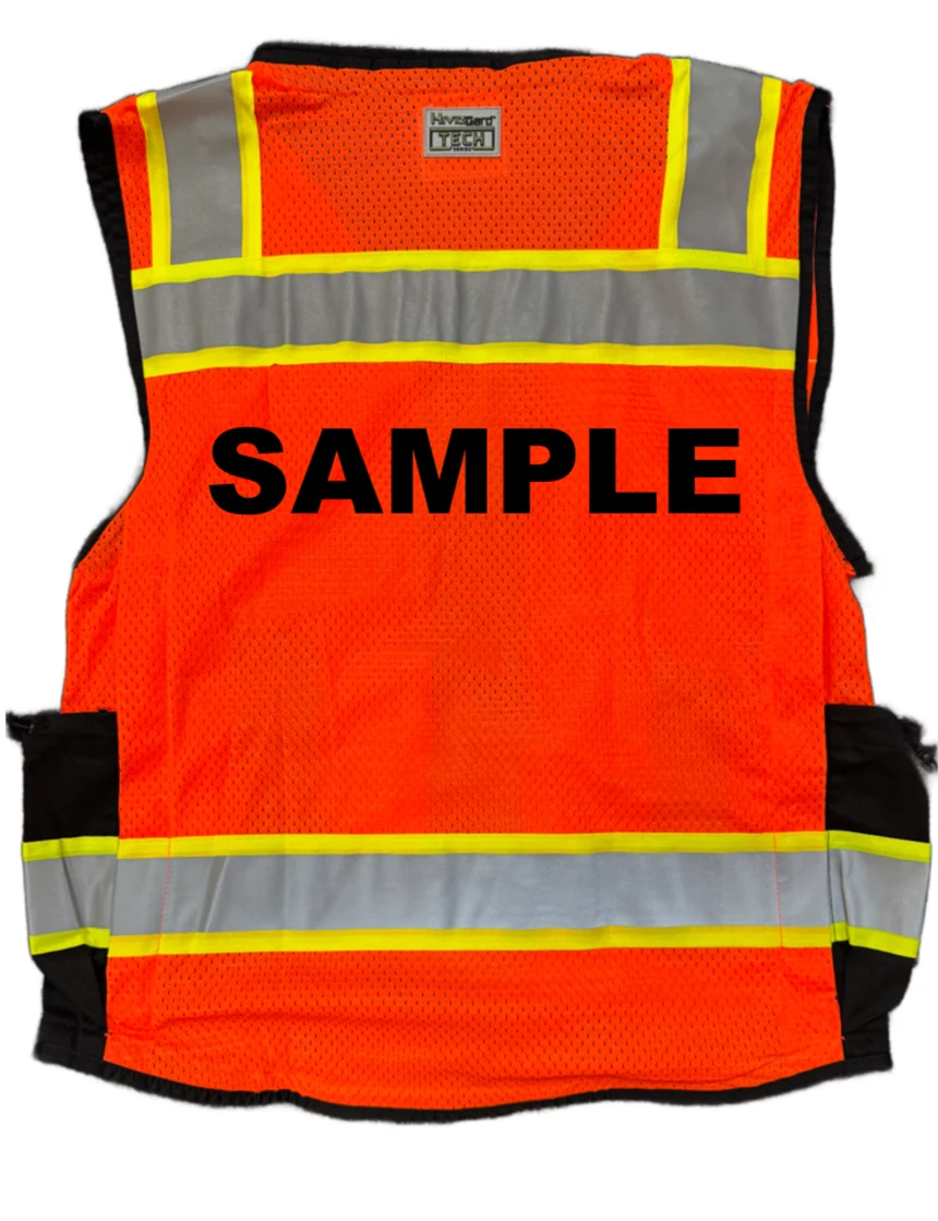 Liberty HiVizGard™ Tech Series Two Tone, Black Bottom Class 2 Surveyor Vest, Orange, Small with Custom Black Lettering