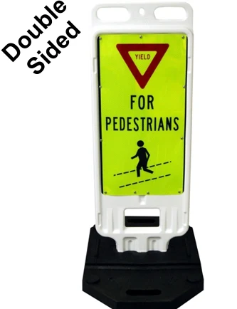 12\"X24\" Reflective Lime, Yield Symbol \"For Pedestrians\", Vertical Panel Barricade w/28 lbs Base