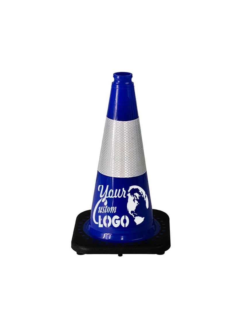 Blue 18 inch JBC Black Base Traffic Cone with 6\" Reflective Collar with Single Color Graphic
