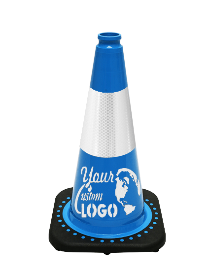 Light Blue 18 inch JBC Black Base Traffic Cone w/6\" Reflective Collar with Single Color Graphic