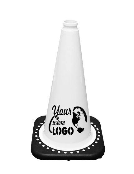 White 18 inch JBC Black Base Traffic Cone with Full Color Graphic