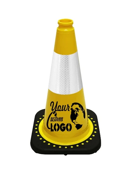 Yellow 18 inch JBC Black Base Traffic Cone with 6\" Reflective Collar with Full Color Graphic