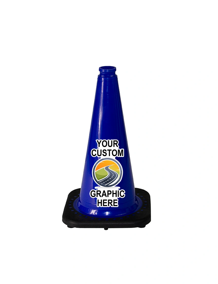 Blue 18 inch JBC Black Base Traffic Cone with Full Color Graphic