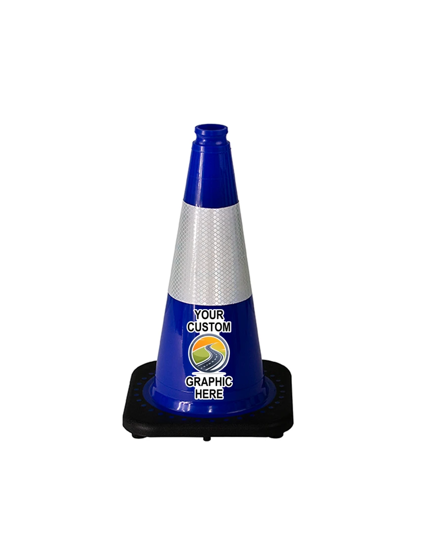 Blue 18 inch JBC Black Base Traffic Cone with 6\" Reflective Collar with Full Color Graphic