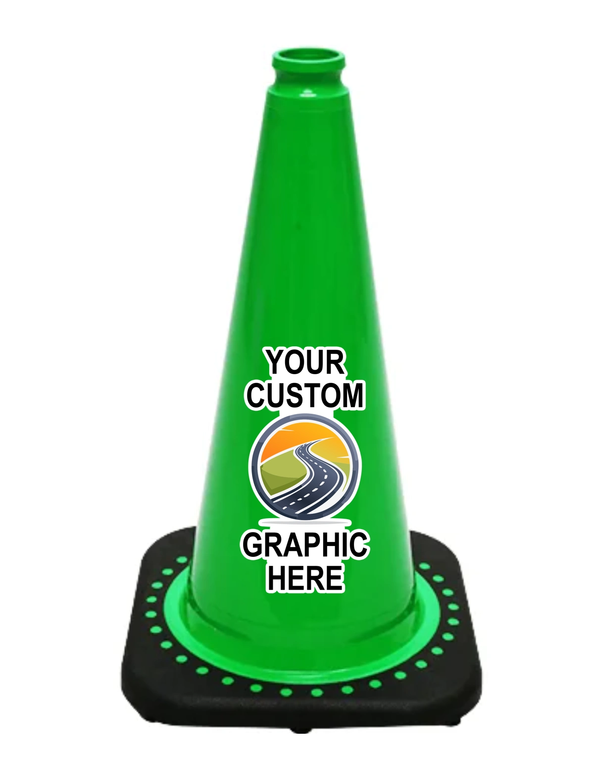 Green 18 inch JBC Black Base Traffic Cone with Full Color Graphic