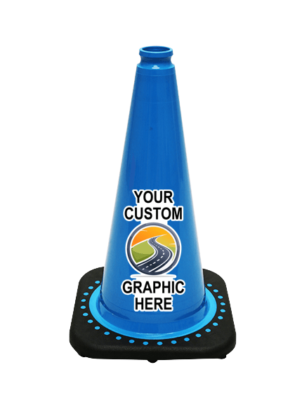 Light Blue 18 inch JBC Black Base Traffic Cone with Full Color Graphic