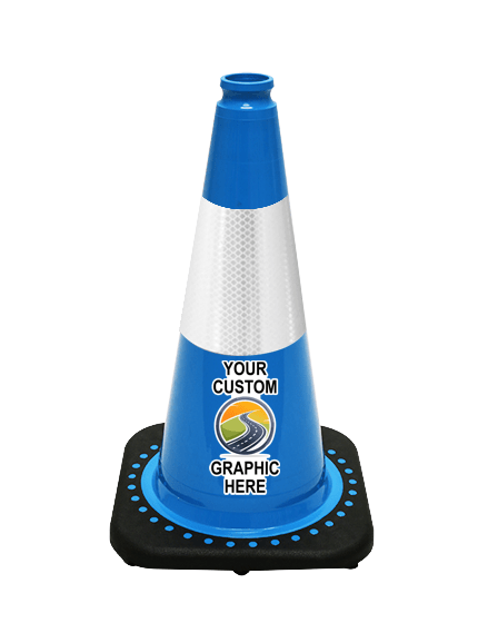 Light Blue 18 inch JBC Black Base Traffic Cone w/6\" Reflective Collar with Full Color Graphic
