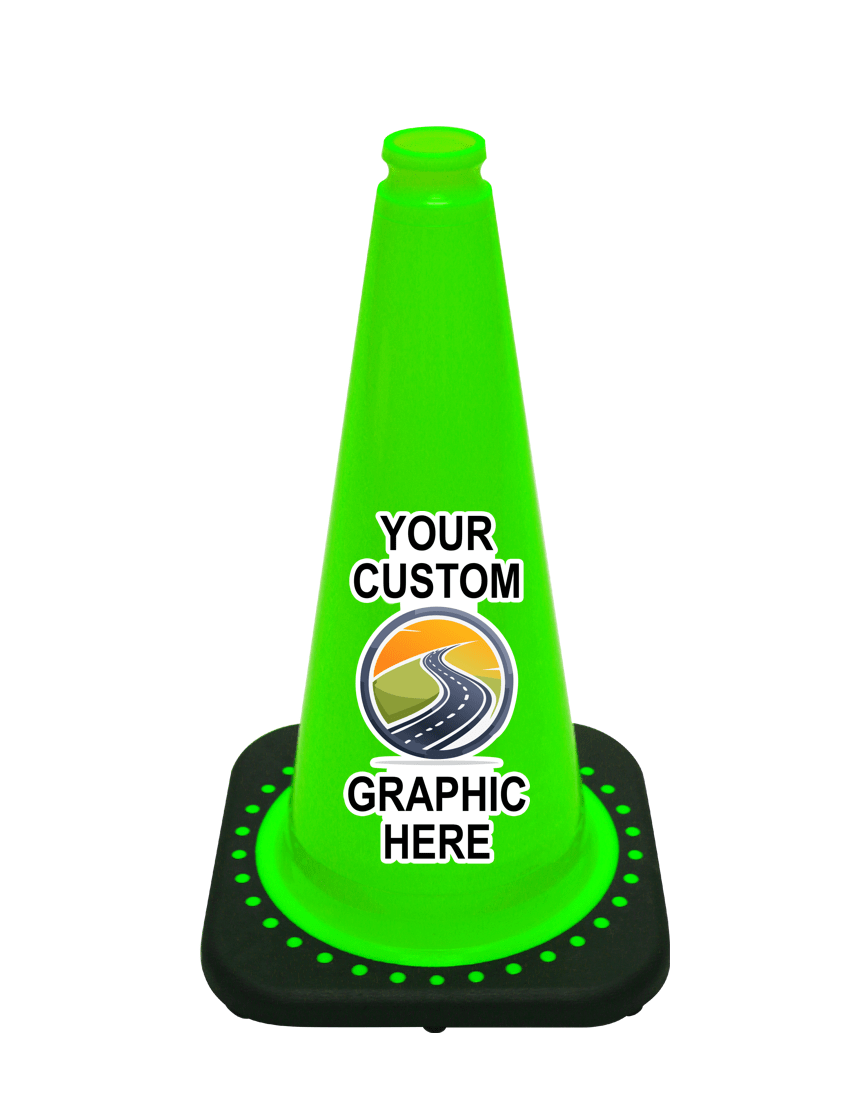 Lime 18 inch JBC Black Base Traffic Cone with Full Color Graphic