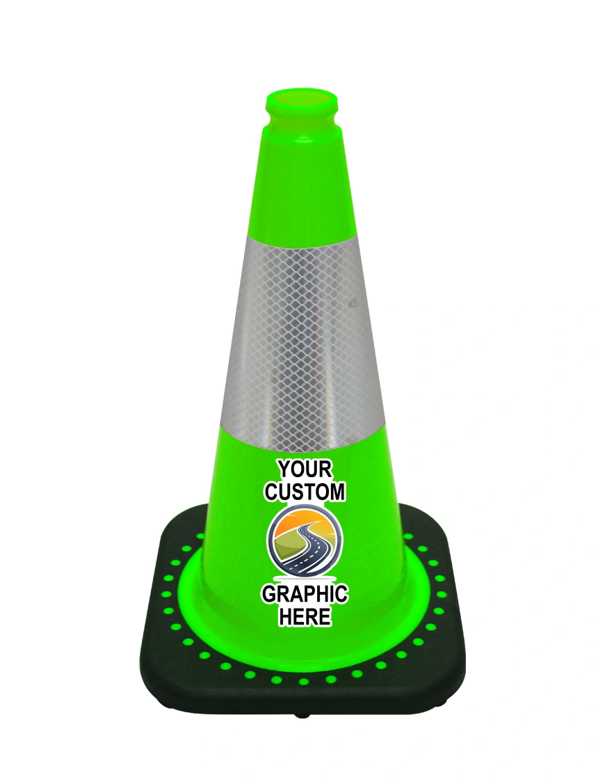 Lime 18 inch JBC Black Base Traffic Cone with 6\" Reflective Collar with Full Color Graphic