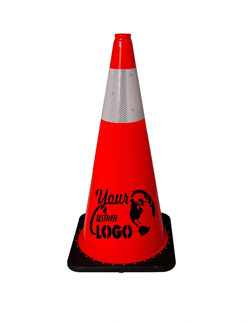 Orange 28 inch 5.5 lbs JBC Black Base Traffic Cone with 6\" Reflective Collar with Full Color Graphic